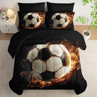Soccer Print Comforter 7Pcs Gaming Sport Flame Soccer Bedding Set for Kid Teen Girl Boy Adult Sports White Black Football Quilt Bed Set Queen with 2 Sheets,2 Pillowcases,2 Throw Pillow Covers