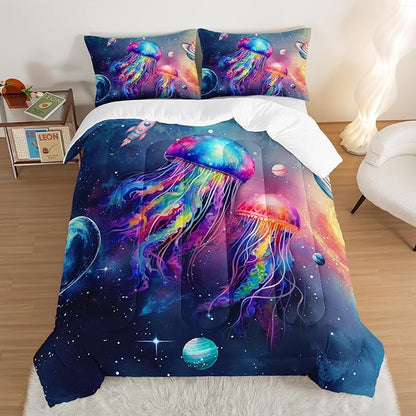 Glowing Jellyfish Comforter Set Queen Size,Galaxy Space Planet Rocket Print Comforter Set for Kids Teens Boys Girls Room Decor,Universe Sea Creatures Bedding with 2 Pillowcases.