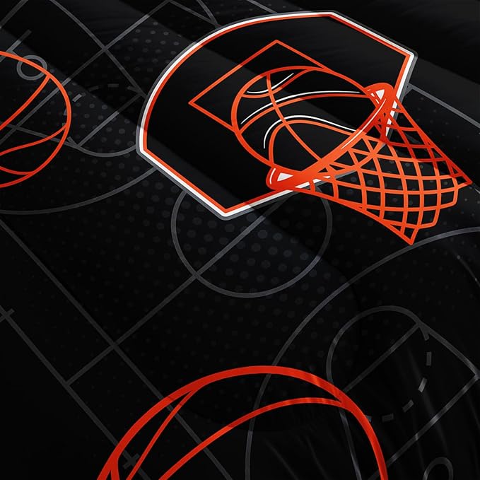 Basketball Court Print King Comforter Set for Boys,Ball Sports Games Bedding Set for Teens Kids Bedroom Decor,Orange Basketball Comforter Sets with 2 Pillowcases.