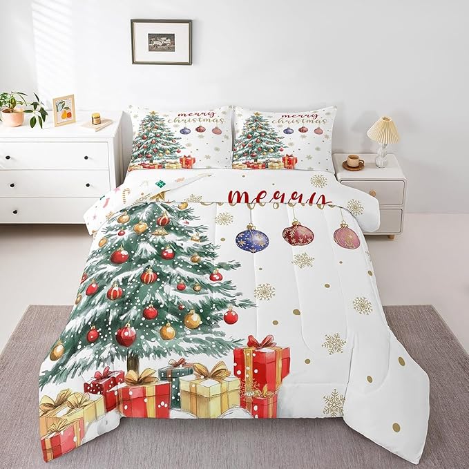 Erosebridal Christmas Tree Comforter Set,Merry Christmas Toddler Bedding Set for Kids Boys Girls,Happy New Year Down Comforter,Xmas Snowflake Reversible Bed Set with 1 Pillowcase for Bedroom