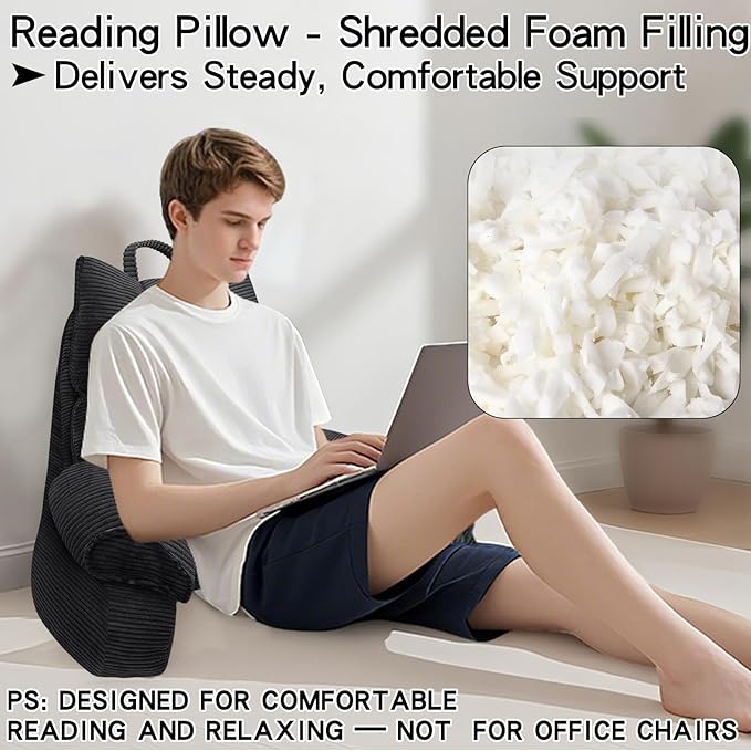 RRPAHWTV Reading Pillow for Bed with High Arm Rests ,Back Support Pillow for Sitting Up in Bed with Shredded Memory Foam for Reading, TV, Gaming or Relaxing on Floor（Grey Black, Large）