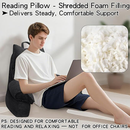 RRPAHWTV Reading Pillow for Bed with High Arm Rests ,Back Support Pillow for Sitting Up in Bed with Shredded Memory Foam for Reading, TV, Gaming or Relaxing on Floor（Grey Black, Large）