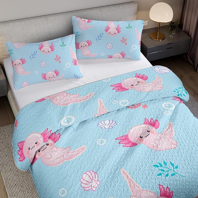 QOOMO Axolotl Quilt Set Full/Queen Size,Kawaii Salamander Bedspread Coverlet Set,Ocean 3Pcs Bedding Set Printed Quilt with 2 Pillowcases,Soft and Lightweight,for All Seasons