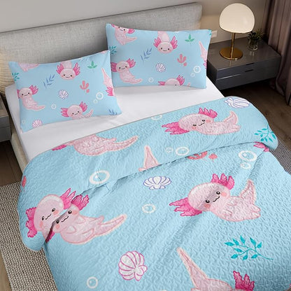 QOOMO Axolotl Quilt Set King Size,Kawaii Salamander Bedspread Coverlet Set,Ocean 3Pcs Bedding Set Printed Quilt with 2 Pillowcases,Soft and Lightweight,for All Seasons
