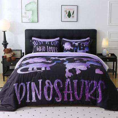 7 Piece Girls Dinosaur Comforter Set Twin Size Violet Dinonsaur Soft Microfiber Bed in A Bag with Comforter,Sheet Set,Pillowcase and Sham for Child Teens All Season