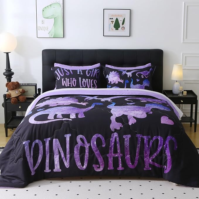7 Piece Girls Dinosaur Comforter Set Full Size Violet Dinonsaur Soft Microfiber Bed in A Bag with Comforter,Sheet Set,Pillowcase and Sham for Child Teens All Season