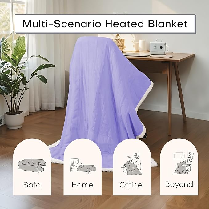 Electric Heated Blanket Throw Size 50"x60" - Dual-Sided with Microplush & Sherpa Fabric, 4 Heat Settings & 3 Hours Auto Off, Machine Washable - Light Purple