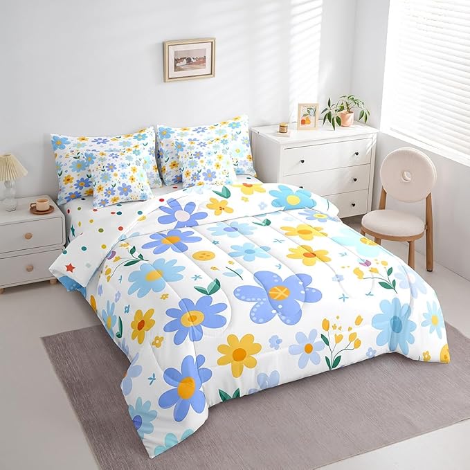 Feelyou Cute Flower 7 Piece Bedding Set King Size Kids Cartoon Cute Floral Bed in a Bag for Girls Teens Blue Yellow Comforter Set with Sheets Kawaii Bed Set