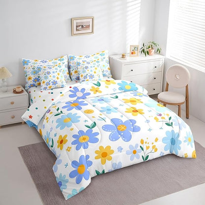 Feelyou Cute Flower 7 Piece Bedding Set Twin Size Kids Cartoon Cute Floral Bed in a Bag for Girls Teens Blue Yellow Comforter Set with Sheets Kawaii Bed Set