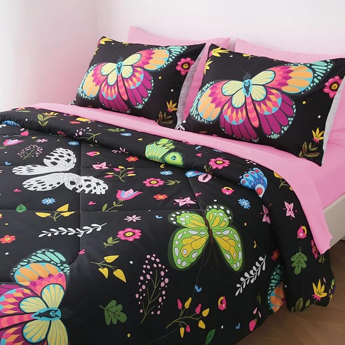 Kids Butterfly Comforter Set Full Size for Girls Colorful Flowers Leaves Bedding Set for Teens Black 7 Piece Bed in A Bag Super Soft All Season