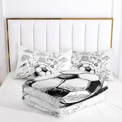 Soccer Bedding Comforter Set Queen Size for Kids Teens and Adults Football Printed Quilt Set for Bedroom Soft Microfiber All Season Print Quilt Set with 1 Comforter and 2 Pillowcases