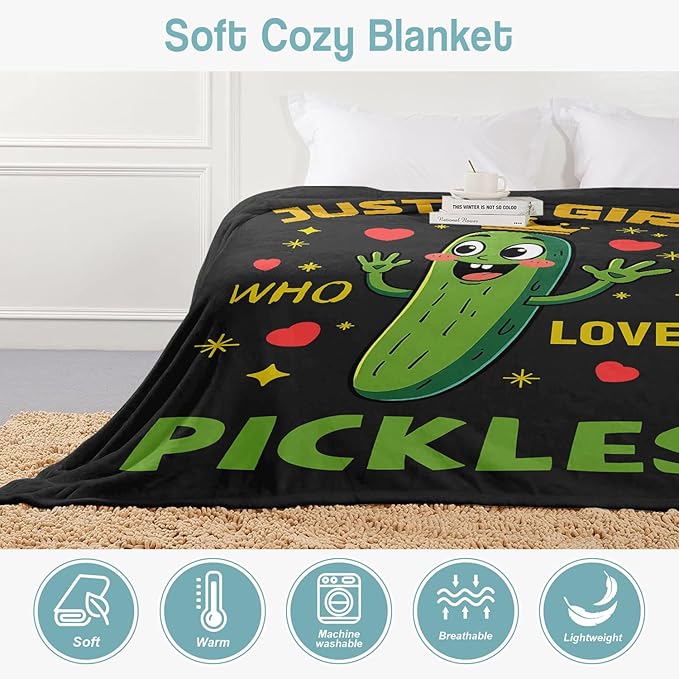 Funny Cucumber Blanket, Just A Girl Who Loves Pickles Blanket, Soft Warm Cozy Fleece Throw, Gifts for Girls Women Kids, 40"x50", Black