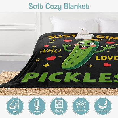 Funny Cucumber Blanket, Just A Girl Who Loves Pickles Blanket, Soft Warm Cozy Fleece Throw, Gifts for Girls Women Kids, 50"x60", Black