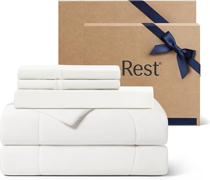 REST® Evercool®+ Cooling Comforter Set, King, Arctic White, 4pcs with Cooling Blanket, Wrinkle-Free Deep Pocket Fitted Sheet, 2 Silver-Infused Pillowcases for Skin and Hair Bed Set, for Ultra Comfort