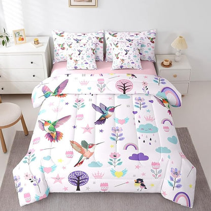 Erosebridal Girls Floral Hummingbird Bedding Set King Size 7 Piece Bed in A Bag Cartoon Animal Comforter Set for Kids Teens Super Soft All Season for Bedroom,Cute Flower Reversible Bed Sets