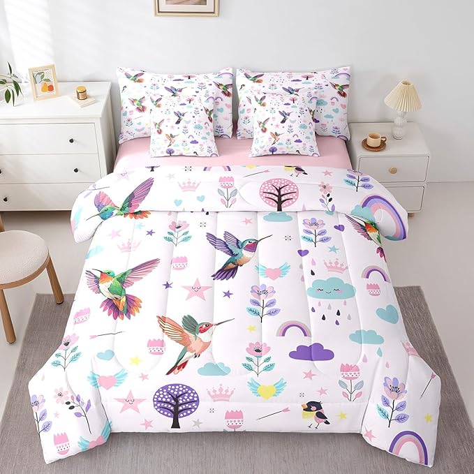 Erosebridal Girls Floral Hummingbird Bedding Set Twin Size 7 Piece Bed in A Bag Cartoon Animal Comforter Set for Kids Teens Super Soft All Season for Bedroom,Cute Flower Reversible Bed Sets