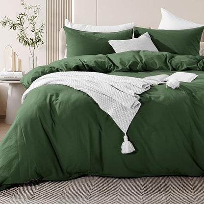 NEXHOME PRO Duvet Cover Set Oversized King Size Linen Feel Textured Organic Natural 100% Washed Cotton Duvet Cover 3 Pieces Bedding Set with Zipper Closure, Breathable, Forest Green (No Comforter)