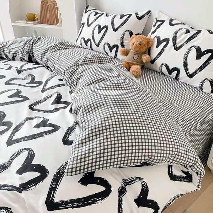 Wellboo Love Comforter Sets California King Black and White Bedding Comforters Cal King Heart Shaped Bed Quilts Brush Ink Love Pattern Quilts Adults Girls Modern Kawaii Black White Dorm Comforters