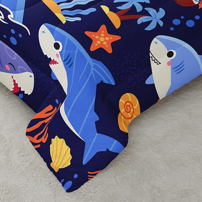 Kawaii Swimming Shark Themed Comforter 3Pcs Full Deep Blue Ocean Sea Animal Coral Bedding Set for Kid Teen Girl Boy Adult Fish Starfish Shell Quilt Bed Decor with 1 Comforter and 2 Pillowcases