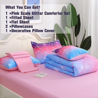 6Pcs Meimaid Scale Comforter Set with Sheets for Teens Girls Kids, Colorful Gradient Glitter Themed Bed in a Bag Full Size, Pink Blue 3D Sparkly Scale Bedroom Decor Bedding Set