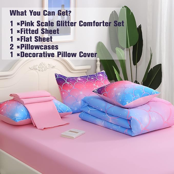 6Pcs Meimaid Scale Comforter Set with Sheets for Teens Girls Kids, Colorful Gradient Glitter Themed Bed in a Bag Twin Size, Pink Blue 3D Sparkly Scale Bedroom Decor Bedding Set