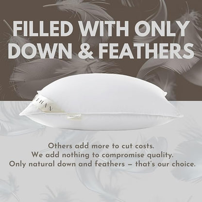 Down Feathers Pillows Standard Size Set of 2- Hotel Collection Bed Pillows | Feather-Proof 1000+ Clean | Naturally Resilient Pure | Pillows for Side, Back & Stomach Sleepers, 20"x36" 2 Pack