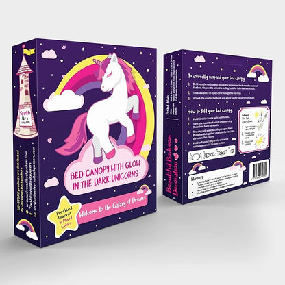 Canopy for Girls Bed with Pre-Glued Glow in The Dark Unicorns - Princess Mosquito Net Room Decor - Kids & Baby Bedroom Tent with Galaxy Lights - 1 Opening Canopy Bed & Hanging Kit Included