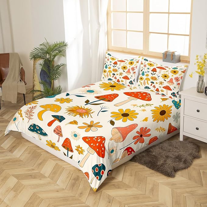 Castle Fairy Retro Mushroom Flowers Duvet Cover Set King Size,70s 60s Groovy Comforter with 2 Pillowcases,Vintage Boho Plant Floral Modern Bedding for Adult Young Bedroom Xmas Gift