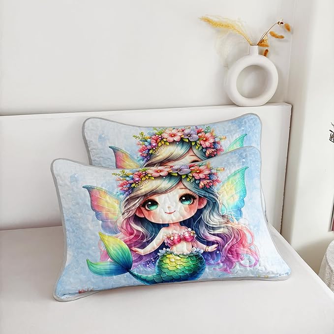 Mermaid Quilted Quilt Twin Bedding Sets for Girls,Cute Mermaid Tail Coral Printed Bedding for Kids Bedroom Glitter Decor,All Season Bed Sets with 2 Pillowcases.