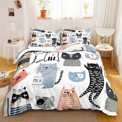 CVHOUSE Cat Duvet Cover Set, Cartoon Cat Comforter Set, King Size, 1 Quilt Cover 2 Pillowcases 3 Piece