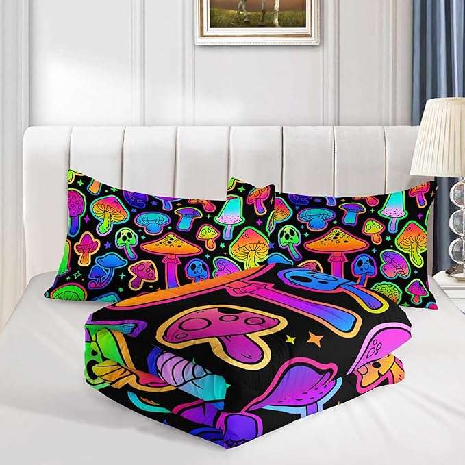 Mushroom Comforter Set Kids Bedding Set Twin,3Pcs Colorful Soft Black Gradient Mushroom Quilt Set Bed in A Bag with 1 Comforter 2 Pillowcases for Kids Boys Girls Teens Adults Room Decor All Season