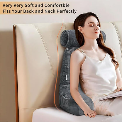 Reading Pillow for Sitting in Bed with Detachable Neck Roll & Big Bed Backrest Pillow Back Support Pillow Chair Pillow with Washable Cover for Adult with Arms and Side Pocket Shredded Foam