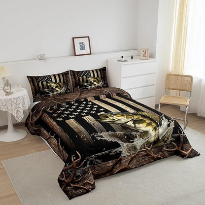 Vintage American Flag Comforter Set Queen Size,Men 3D Bass Fish Bedding Set,Hunting Fishing Quilt Set for Kids Boys Adult Room Decor,Rustic Farmhouse Wooden Striped Duvet Insert,Black Brown