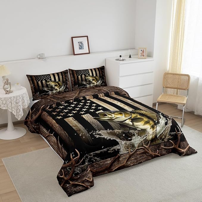 Vintage American Flag Comforter Set King Size,Men 3D Bass Fish Bedding Set,Hunting Fishing Quilt Set for Kids Boys Adult Room Decor,Rustic Farmhouse Wooden Striped Duvet Insert,Black Brown