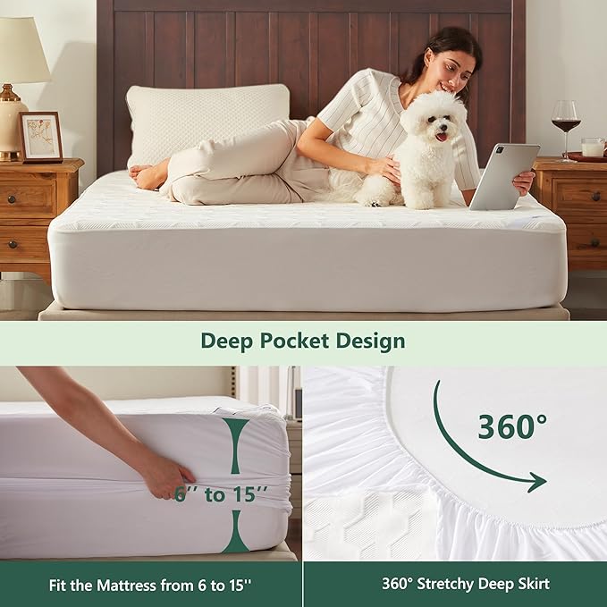 Queen Size Waterproof Mattress Protector, 40% Rayon Derived from Bamboo Cooling Mattress Pad Cover, 3D Air Fabric Breathable Mattress Pad Fitted with Deep Pocket 6"- 15" Machine Washable