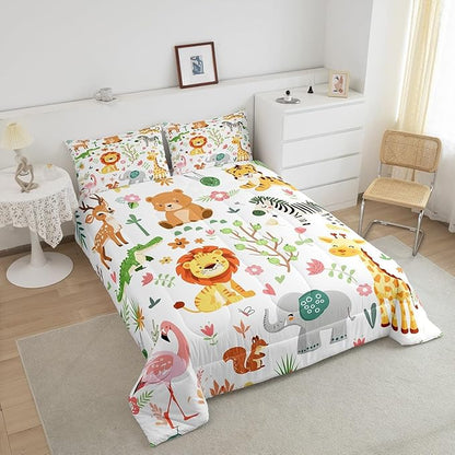Feelyou Full Size Cartoon Lions Giraffe Comforter Set Zoo Animals Bedding Set Flamingo Zebra Comforter for Kids Boys Girls Kawaii Animals Duvet Insert 3Pcs