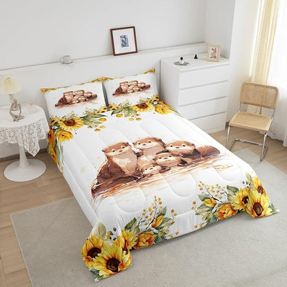 Watercolor Otter Kids Comforter Set Twin Size 2 Pcs Yellow Sunflowers Green Leaves Rustic Bedding Set for Boys Girls Teens Cute Cartoon Wild Animals Microfiber Duvet Set with 1 Pillowcase