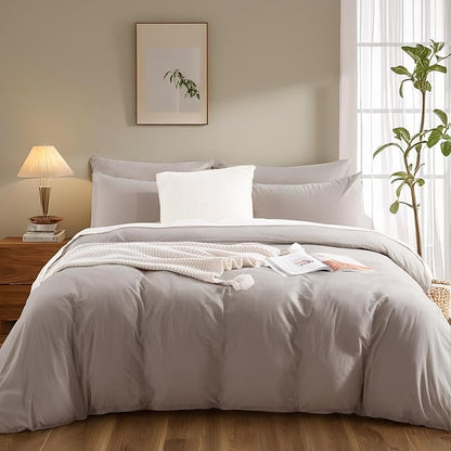 NEXHOME PRO Duvet Cover Set Kids Twin Size Linen Look Textured Organic Natural 100% Washed Cotton Duvet Cover Linen Cream Grey 2 Pieces Bedding Set with Zipper Closure, Breathable (No Comforter)