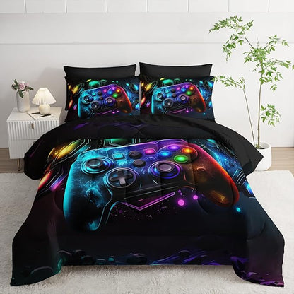 Gamer Comforter Set 7 Piece Twin Size Bed in A Bag,Game Bedding for Room Decor,Soft Gaming Comforter Video Game Bedding with Fitted Sheet,Flat Sheet, Pillowcases & Shams