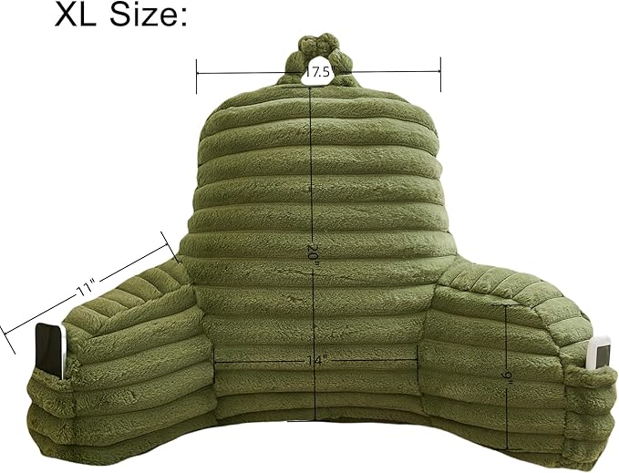 WERDIM Reading Pillow for Sitting in Bed, Faux Fur Back Pillow for Rest, Bed Chair Pillow with Arms and Pockets(XLarge, Sage)