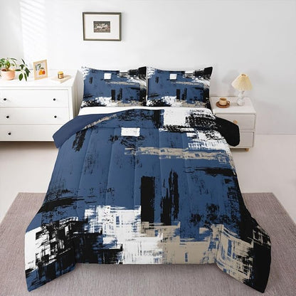 Feelyou Abstract Bedding Set Kids Modern Abstract Art Comforter Set Blue Black White Comforter for Boys Room Decor Lightweight Duvet Set Queen Size with 2 Pillow Case