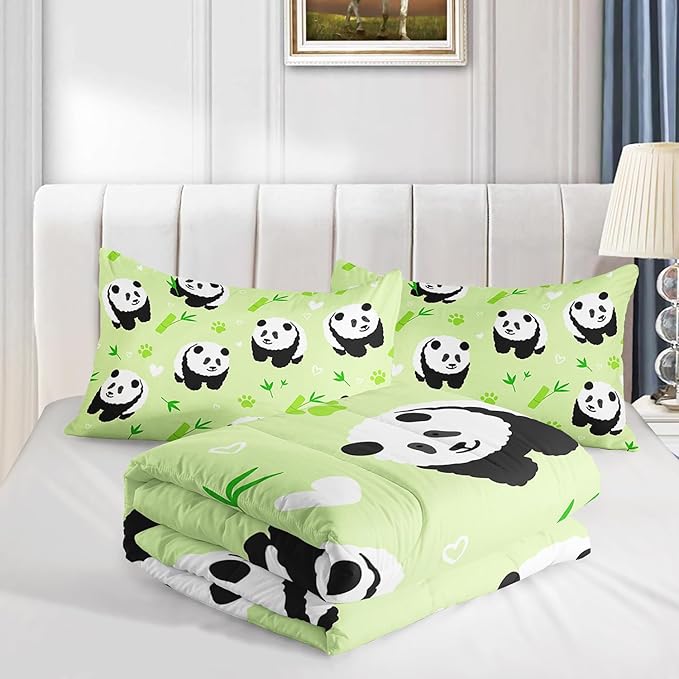 Kawaii Cartoon Black White Panda 3Pcs Bedding Animal Themed Comforter Twin Bamboo Heart Pattern Bedding Set for Kid Teen Girl Boy Bed Decor Green Paw Quilt with 1 Comforter and 2 Pillowcases