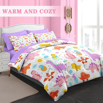 Comforter Set Queen Size, Cute Dinosaur 7 Pcs Purple Bedding for Kids and Adults, Rainbow Happy Bed Sheet Sets with Fitted Sheet 2 Pillowcase & 2 Sham for Bedroom Bed Decor