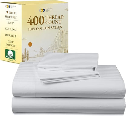 California Design Den Striped Full Size Bed Sheets Set - Soft 400 Thread Count Sateen, Natural 100% Cotton Sheets Set with Deep Pockets, Breathable, and Durable Bedding - Striped White