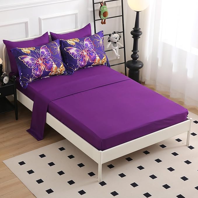 7 Piece Butterflies Comforter Set Twin Size 3D Gold Violet Butterflies Bedding Set for Kids Girls Women for Birthday Christmas Gift