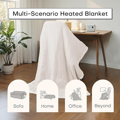 Electric Heated Blanket Twin Size 62"x84" - Dual-Sided with Microplush & Sherpa Fabric, 4 Heat Settings & 10 Hours Auto Off, Machine Washable - White