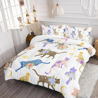 Flowers Cat Bedding Twin Cartoon Stars Moon Comforter 3 Pieces Colored Cute Cats Comforter Set for Teens Kids Boys Girls Adults Kawaii Cat Quilt with 1 Comforter and 2 Pillowcases