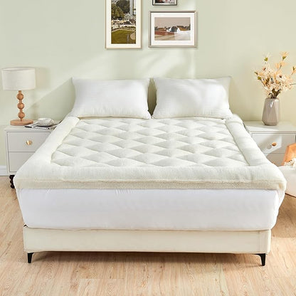 Mattress Topper Queen for Back Pain Thick Mattress Pad Cover Protector Sherpa Plush Pillow Top Down Alternative Fill Mattress Cover with 8-22 Inch Deep Pocket