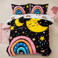 A Nice Night Bedding 6 Pcs Cartoon Rainbow Bedding Set with Smile Moon Printed for Boys Girls Bed Comforter Sets (Black, Full)