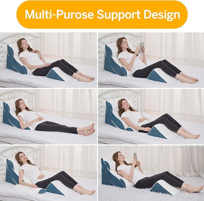 Wedge Pillow Set for After Surgery – 5PCS Orthopedic Bed Wedge Pillow Set for Sleeping, Body, Back and Leg Pain Relief Comfortable & Adjustable Support Pillows-Anti Snoring (Blue)